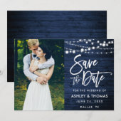 Rustic Blauw Houten Lichten Borstel Schrift Foto Save The Date (Voorkant / Achterkant)
