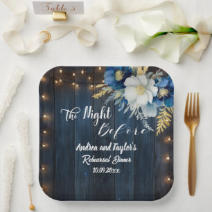 Rustic Blauw Houten Witte Bloemige Oefen Diner Papieren Bordje