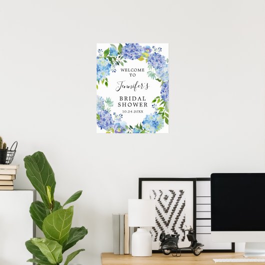 Rustic Blauwe Aquarel Hydrangea Bruiloft Feest Poster (Thuiskantoor)