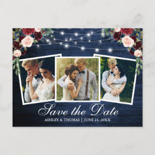 Rustic Blauwe Houten Bloem 3 Foto Save The Date Uitnodiging Briefkaart