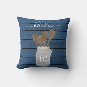 Rustic Blauwe Houten Pot Lepel Familie Keuken Deco Kussen