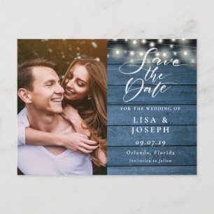 Rustic Blauwe Houten Slingerlichten Foto Save the Briefkaart