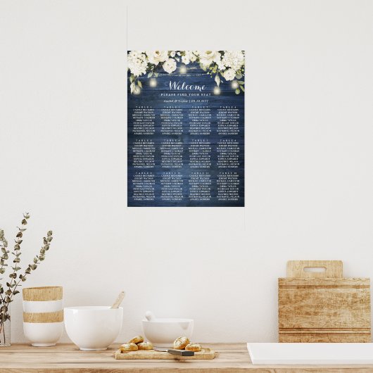 Rustic Blauwe Houten Witte Bloem Zitplaatskaart Pl Poster (Keuken)