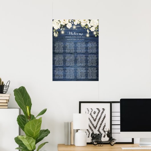 Rustic Blauwe Houten Witte Bloem Zitplaatskaart Pl Poster (Thuiskantoor)