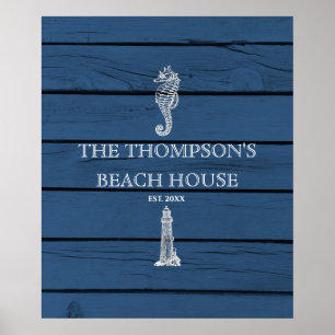 Rustic Blauwe Houten Zeepaardje Vuurtoren Strandhu Poster