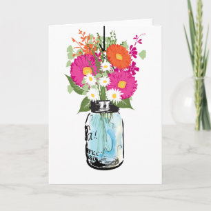 Rustic Blauwe Metselpot en Gerber Madeliefjes Blan Bedankkaart