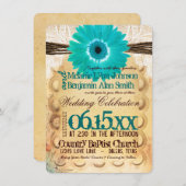 Rustic Blauwgroen Daisy Typography Wedding Invitat Kaart (Voorkant / Achterkant)