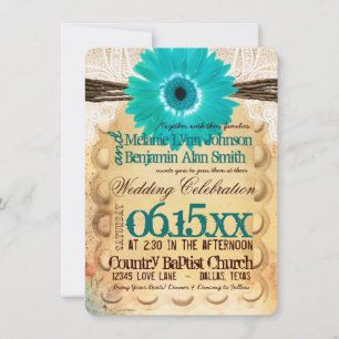 Rustic Blauwgroen Daisy Typography Wedding Invitat Kaart