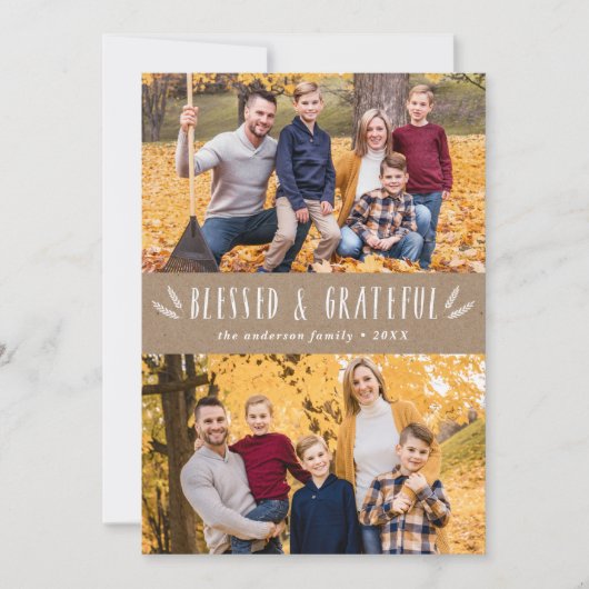 Rustic Blessed en Grateful 2 Photo Thanksgiving Feestdagenkaart (Voorkant)