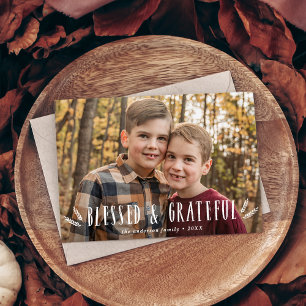 Rustic Blessed en Grateful Thanksgiving Foto Feestdagenkaart