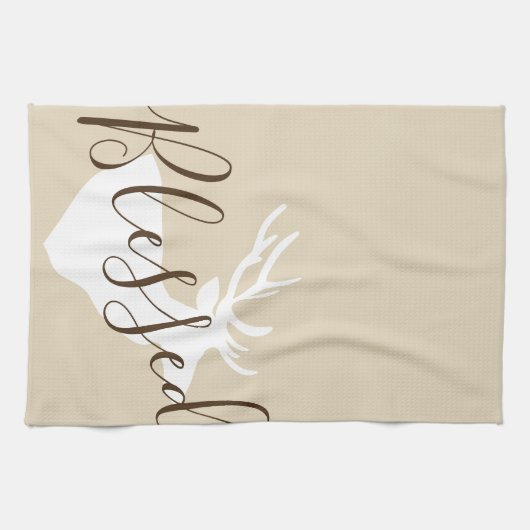 Rustic Blessed Script White Deer Silhouette Theedoek (Horizontaal)