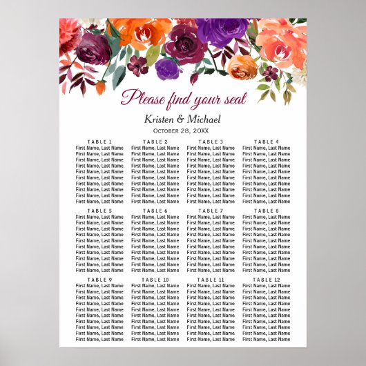 Rustic Bloom Burgundy Floral Wedding Seating Chart Poster (Voorkant)