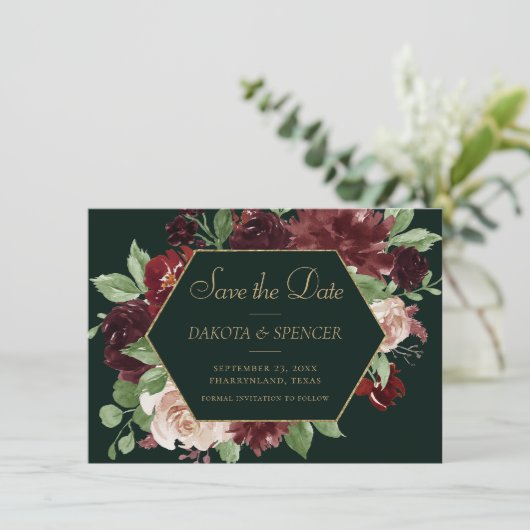 Rustic Bloom | Terracotta en Marsala Red Wreath Save The Date (Staand voorkant)