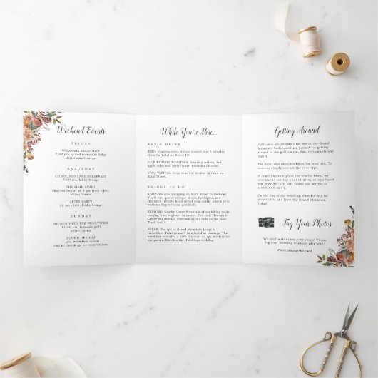 Rustic Bloom Wedding Welcome Letter Itinerary Drieluik Programma (Binnen)
