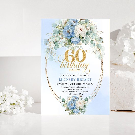 Rustic Blue and Gold 60th Birthday Invitation Kaart