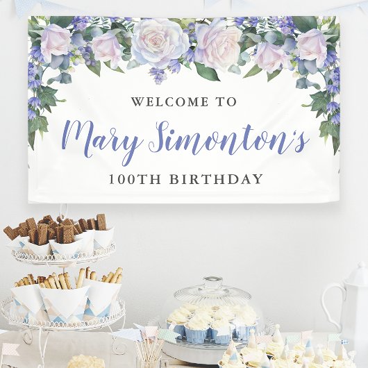 Rustic Blue and White Floral 100th Birthday Spandoek