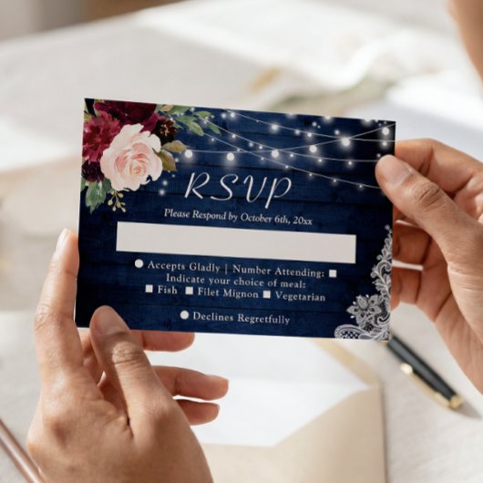 Rustic Blue Blush Floral String Lights Wedding RSVP Kaartje