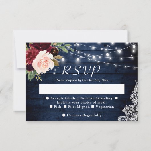 Rustic Blue Blush Floral String Lights Wedding RSVP Kaartje (Voorkant)