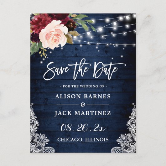 Rustic Blue Blush Floral Wedding Save the Date Briefkaart (Voorkant)