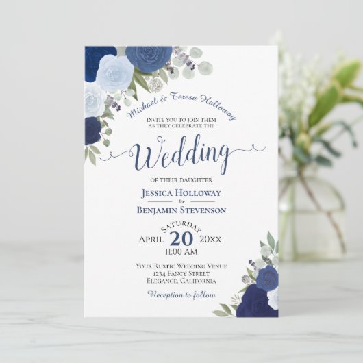 Rustic Blue Boho Waterverf Rozen Formele bruiloft Kaart (Staand voorkant)