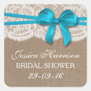 Rustic Blue Bow, Burlap en Lace Vrijgezellenfeest Vierkante Sticker