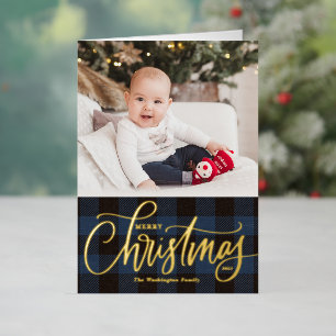 Rustic Blue Buffalo Plaid Kerst Foto Folie Feestdagenkaart