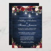 Rustic Blue Burgundy Floral Jar Lights Wedding Kaart (Voorkant / Achterkant)