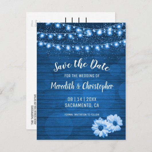 Rustic Blue Daisy String Lights Save the Date Aankondigingskaart (Voorkant / Achterkant)