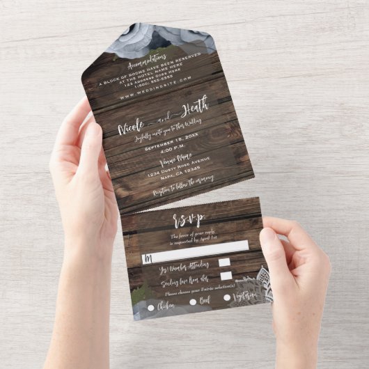 Rustic Blue Dusty Roos  Lace Wedding All In One Uitnodiging (Afscheurbaar)