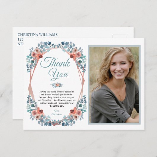 Rustic Blue Floral 50th Birthday Dank je wel Briefkaart (Voorkant / Achterkant)