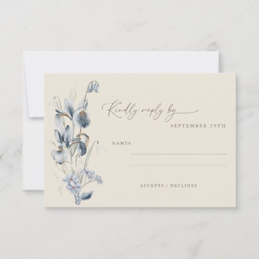  Rustic Blue Floral minimalistisch huwelijk RSVP Kaartje (Voorkant)