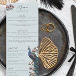 Rustic Blue Floral Peacock Bird Menu Mariage<br><div class="desc">Ce menu de mariage bleu rustique et élégant présente des illustrations de style "Chinoiserie" dessinées à la main d'un paon bleu et turquoise entouré de verdure Magnolia, avec des fleurs de magnolia crème et rose vif, le tout contre un élégant arrière - plan bleu doux. Le dos est orné d'un...</div>