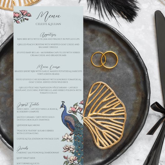 Rustic Blue Floral Peacock Bird Menu Mariage