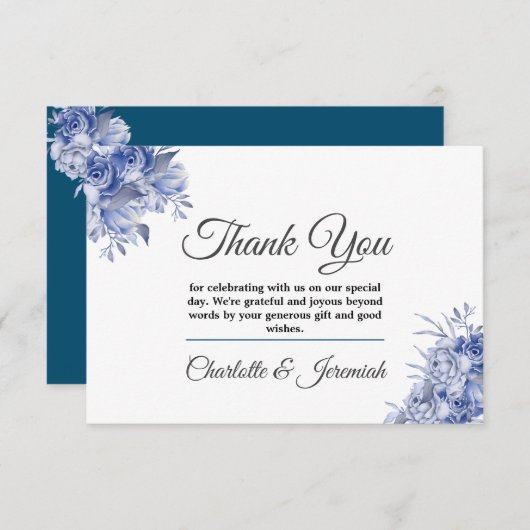 Rustic Blue Floral Waterverf Monogram Weddenschap Bedankkaart (Voorkant / Achterkant)