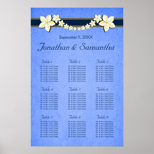 Rustic Blue Floral Wedding 9 Table Seating Charts Poster (Voorkant)