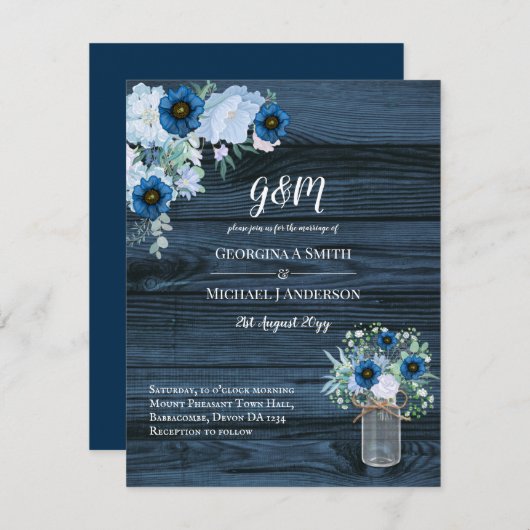 Rustic Blue Floral Wedding Invitations Mason Jar Kaart (Voorkant / Achterkant)
