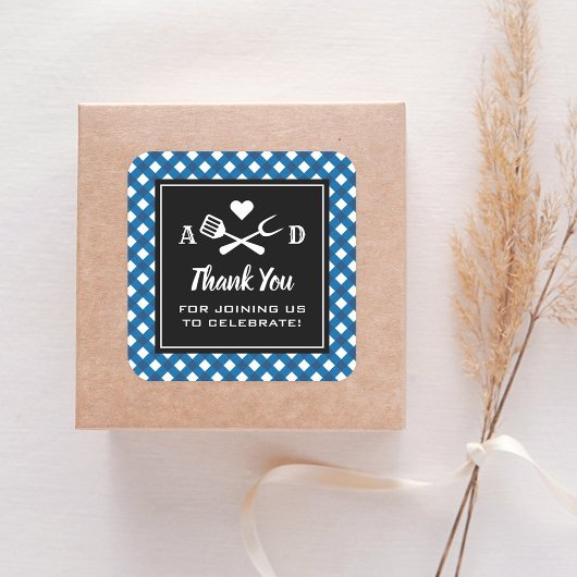 Rustic Blue Gingham BBQ Wedding Bedankt Vierkante Sticker