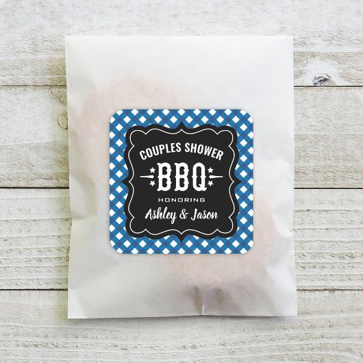 Rustic Blue Gingham BBQ Wedding Couples Shower Vierkante Sticker