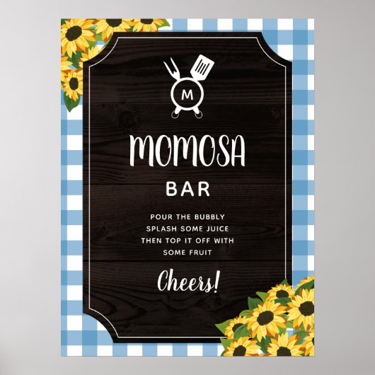 Rustic Blue Gingham Sunflower Monogram Momosa Bar Poster (Voorkant)