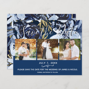 Rustic Blue & Gold Floral foto Save the Date