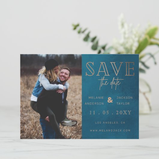 Rustic Blue Handwrited Photo Save the Date (Staand voorkant)