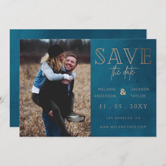 Rustic Blue Handwrited Photo Save the Date (Voorkant / Achterkant)