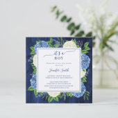 Rustic Blue Hortensia It's A Boy Baby Shower Kaart (Staand voorkant)