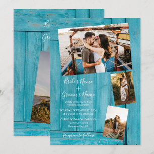 Rustic Blue Hout 4 Foto's Trouwkaarten Kaart