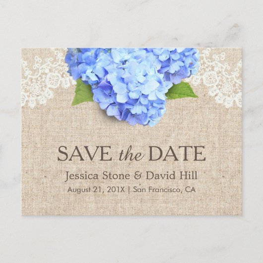 Rustic Blue Hydrangea Lace & Burlap Save the Date Aankondigingskaart (Voorkant)