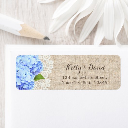 Rustic Blue Hydrangea Lace & Burlap Wedding Etiket (Insitu)