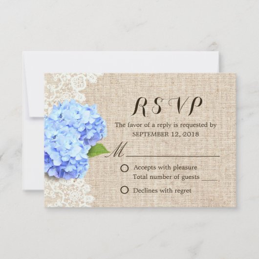 Rustic Blue Hydrangea Lace & Burlap Wedding RSVP Kaartje (Voorkant)