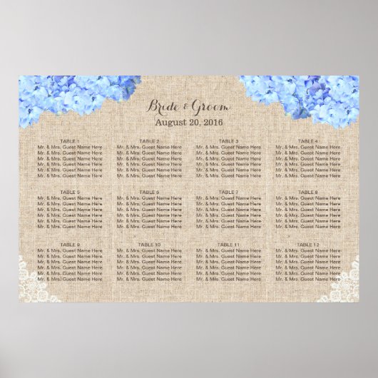 Rustic Blue Hydrangea Lace Burlap Wedding Seating Poster (Voorkant)