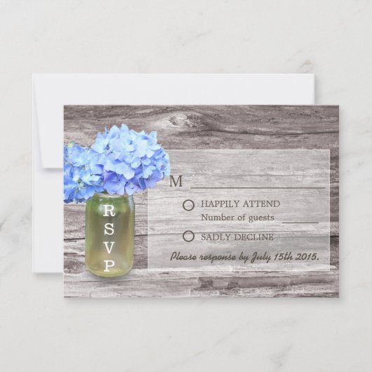 Rustic Blue Hydrangea Mason Jar Wedding RSVP (Voorkant)