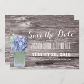 Rustic Blue Hydrangea Mason Jar Wood Save the Date (Voorkant / Achterkant)